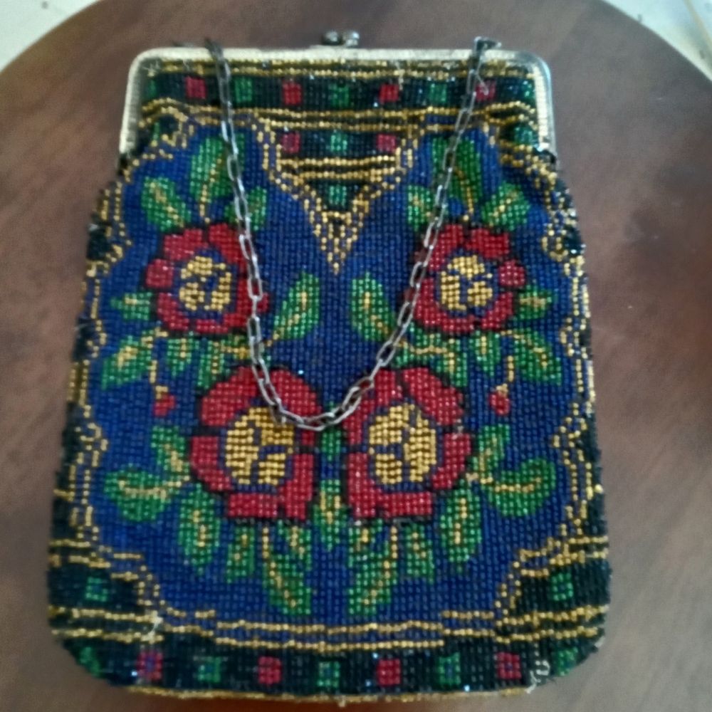 AntiqueFloral Beaded Evening Bag - Blue and Red
